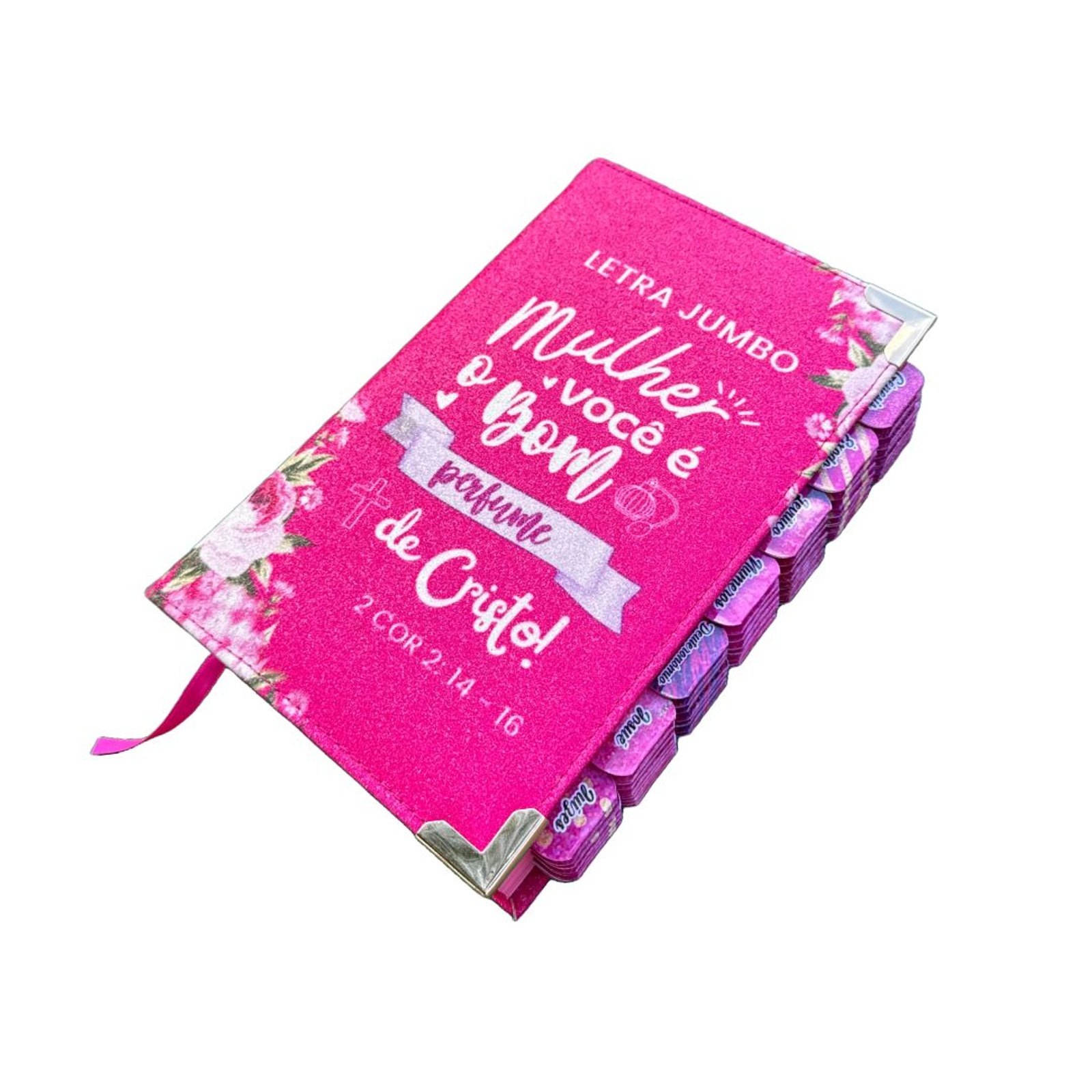 Bíblia Letra Jumbo Pink Glitter 100% Mulher Voce é o bom Perfume de Cristo Com Abas Colocadas Arc Full Color Cpp