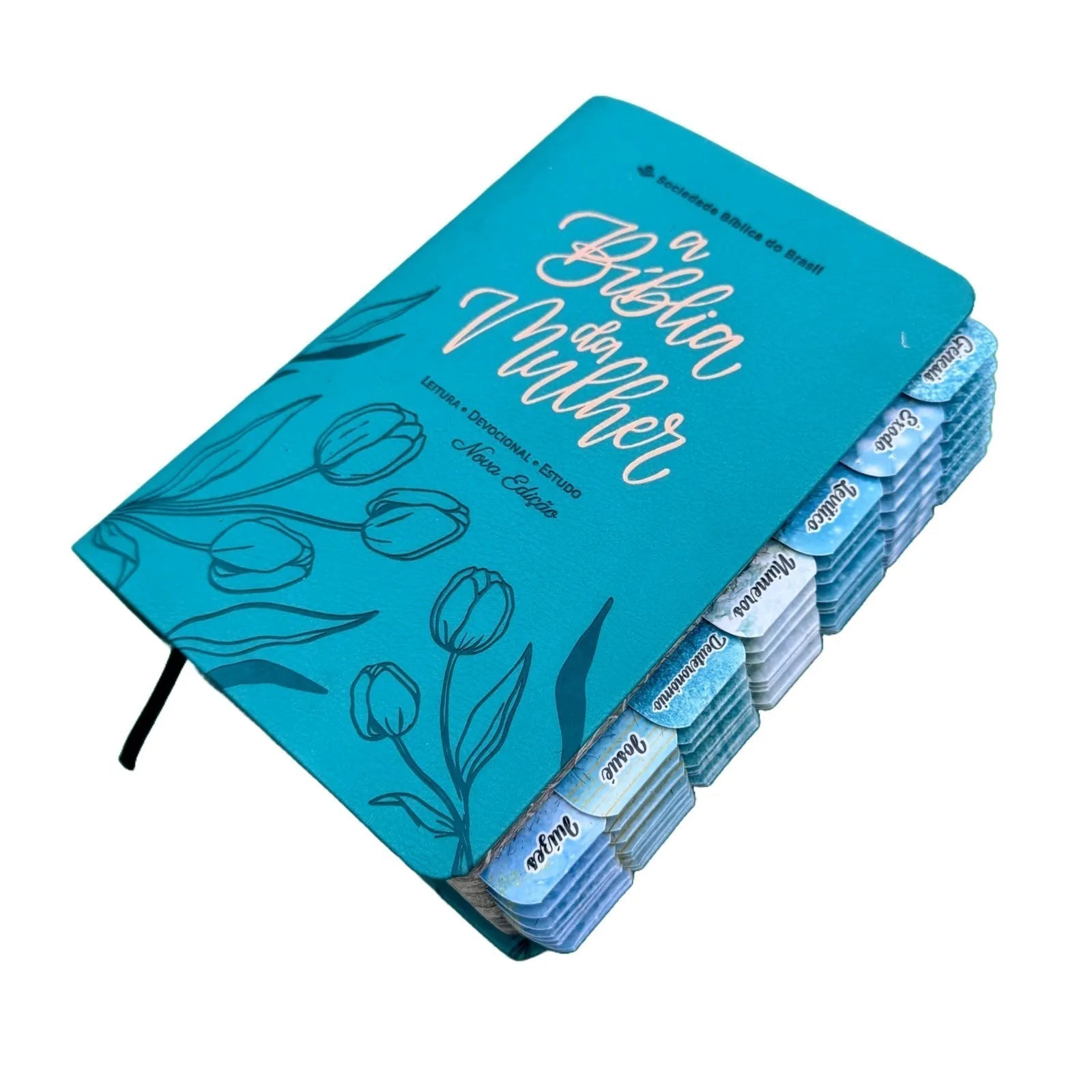 Bíblia de Estudo da Mulher Naa Tulipa Azul Turquesa SBB Com Abas Adesivas
