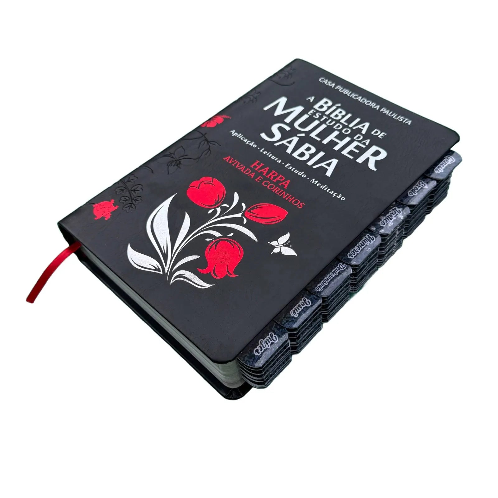 Bíblia de Estudo da mulher Sábia Preta Falas de Jesus em Vermelho Deus em Azul com Abas Glitter Cpp