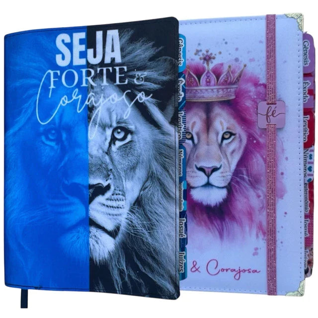 Kit Casal Cristão Leão azul + Leão forte e corajosa com elastico Abas adesivas e Harpa