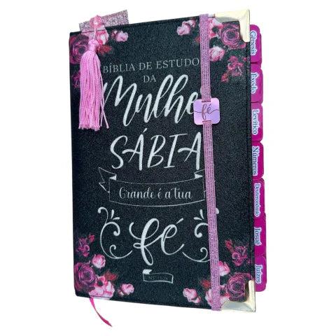 Bíblia da Mulher Sábia de Estudos 100% Glitter Preta com Abas adesivas + Elástico + Marca páginas