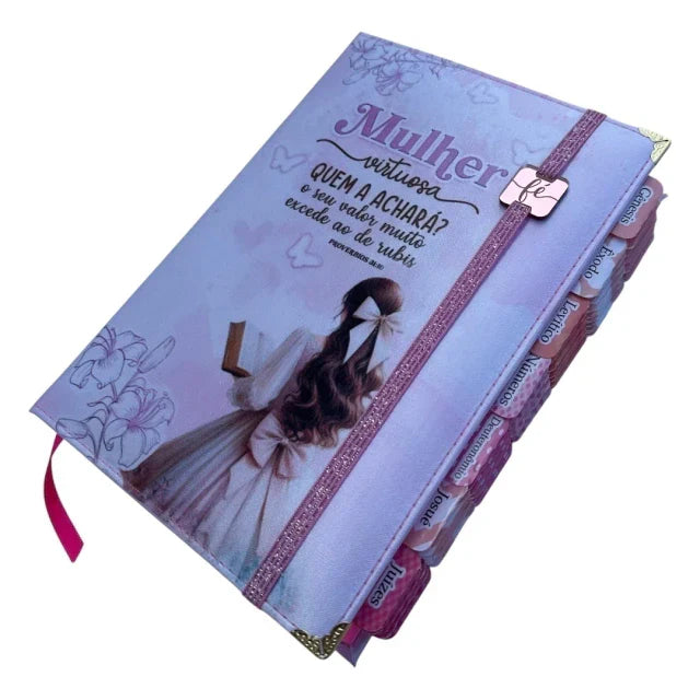 Kit Bíblia Mulher Virtuosa com Abas adesivas capa dura ARC + devocional + caneta + marca páginas