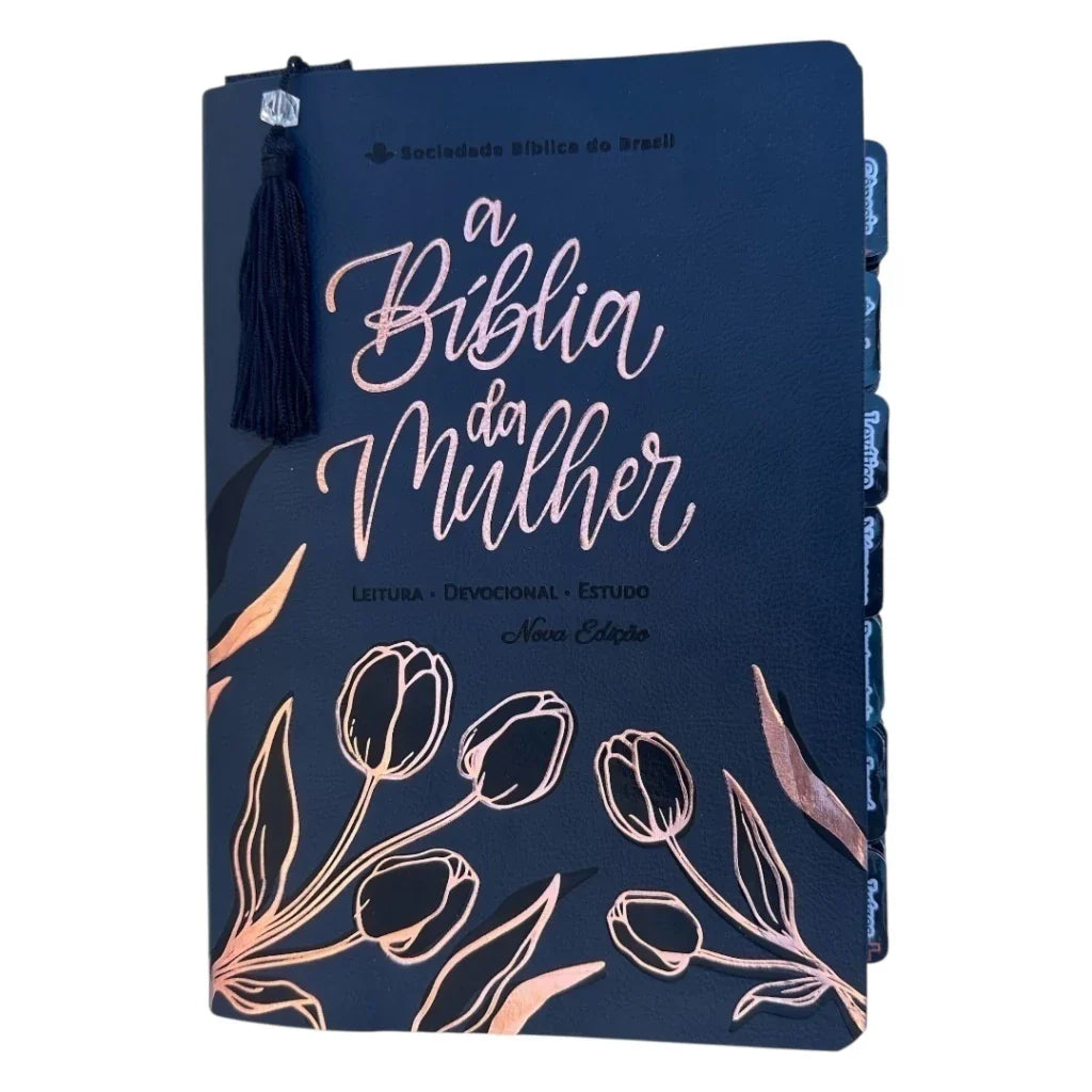 Biblia da Mulher de estudos Preta aston Grande com abas adesivas coladas NAA + marca páginas